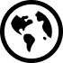 Black and white icon of a globe within a circle, showing continents.